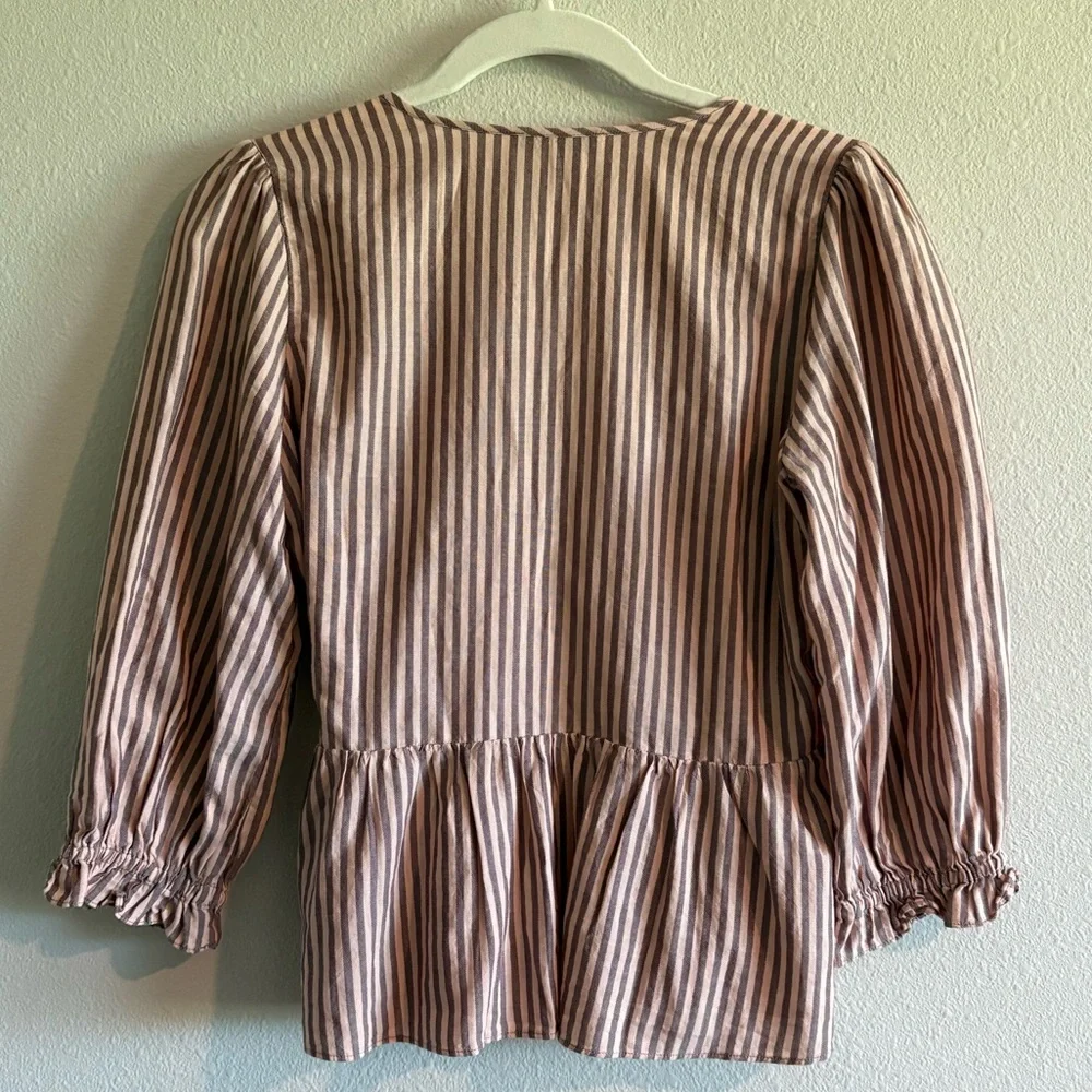 NWOT Madewell Top Puff-Sleeve Peplum Wrap Top Women’s XS Stripes Pink Cotton